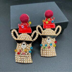 Festive Llama Reindeer Rhinestone Beaded Christmas Earrings - Pierced